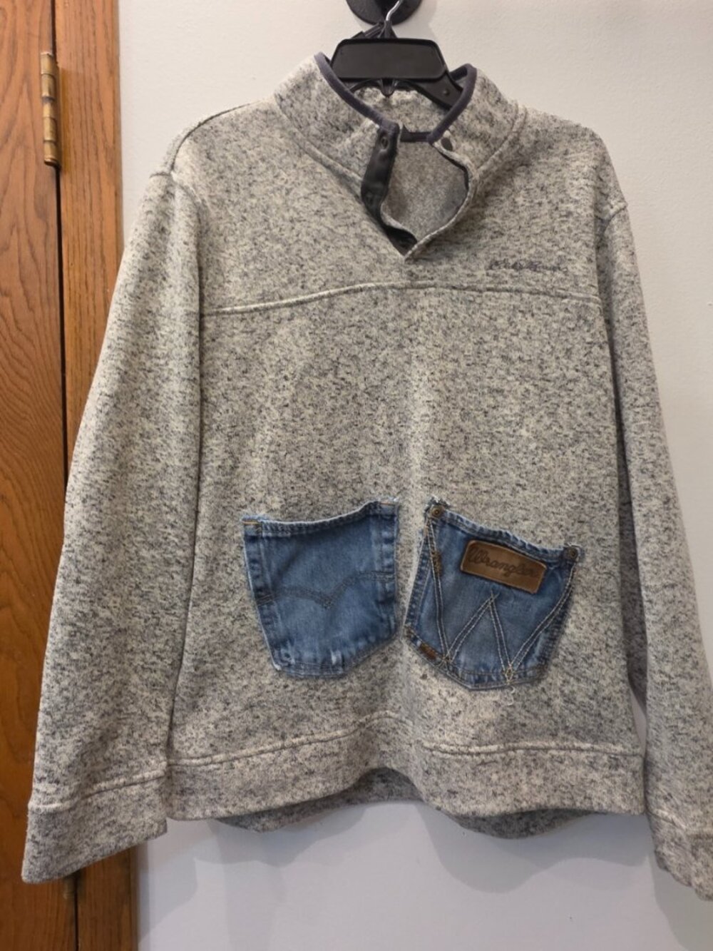Upcycled Eddie Bauer Sweater Wrangler Denim Pocket Pullover Boutique L